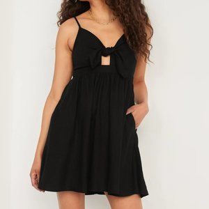 TALL Fit & Flare Tie-Front Smocked Linen-Blend Mini Cami Dress for Women